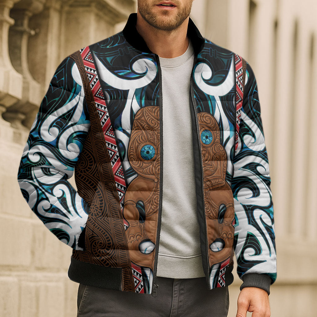 New Zealand Whakairo Bomber Puffer Jacket Tiki Maori Carving Taniko Motifs LT14 - Polynesian Pride