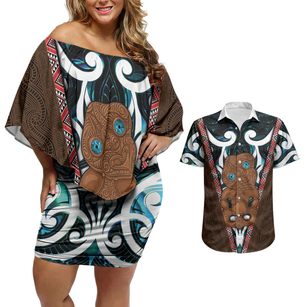 New Zealand Whakairo Couples Matching Off Shoulder Short Dress and Hawaiian Shirt Tiki Maori Carving Taniko Motifs LT14 Multicolor - Polynesian Pride