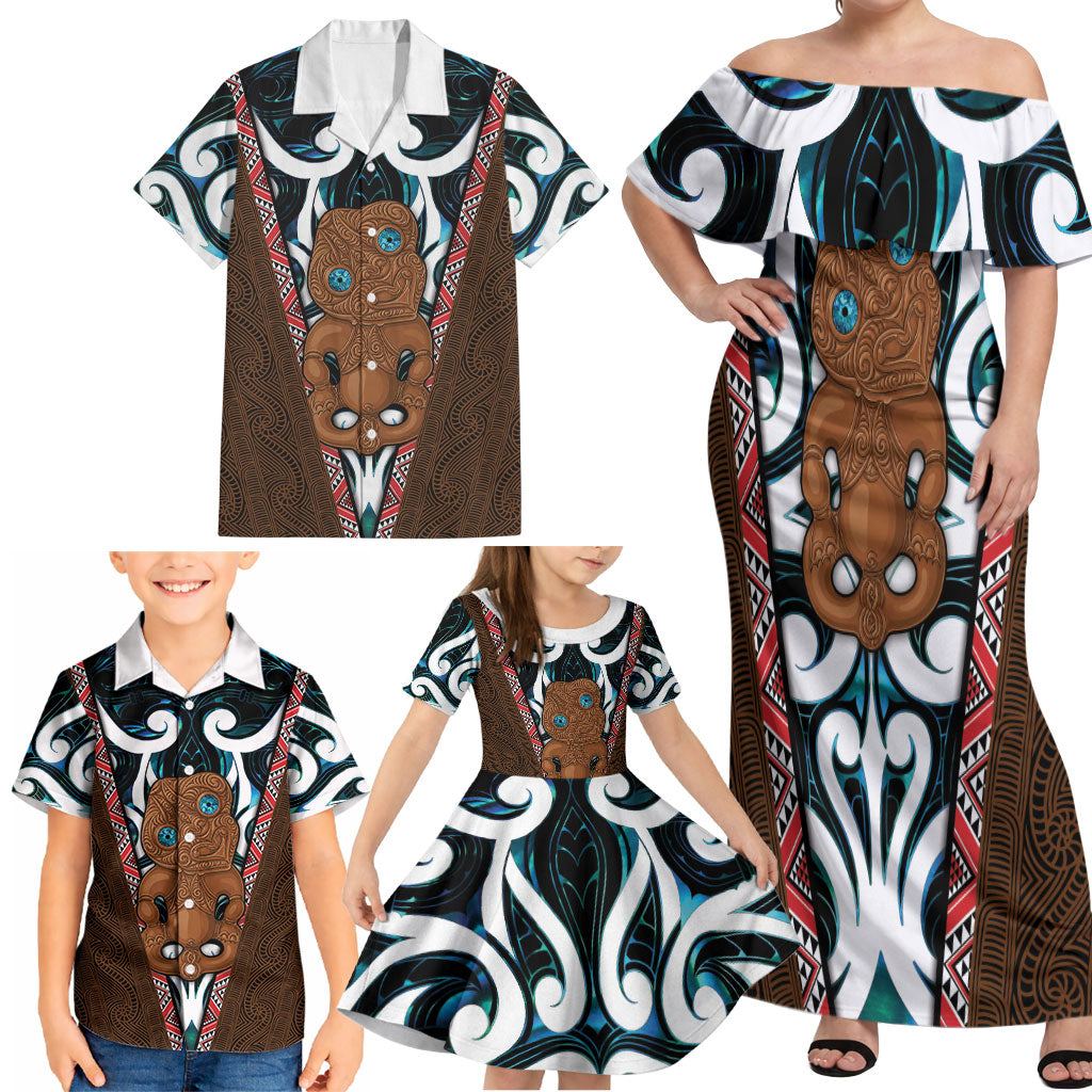 New Zealand Whakairo Family Matching Off Shoulder Maxi Dress and Hawaiian Shirt Tiki Maori Carving Taniko Motifs LT14 - Polynesian Pride