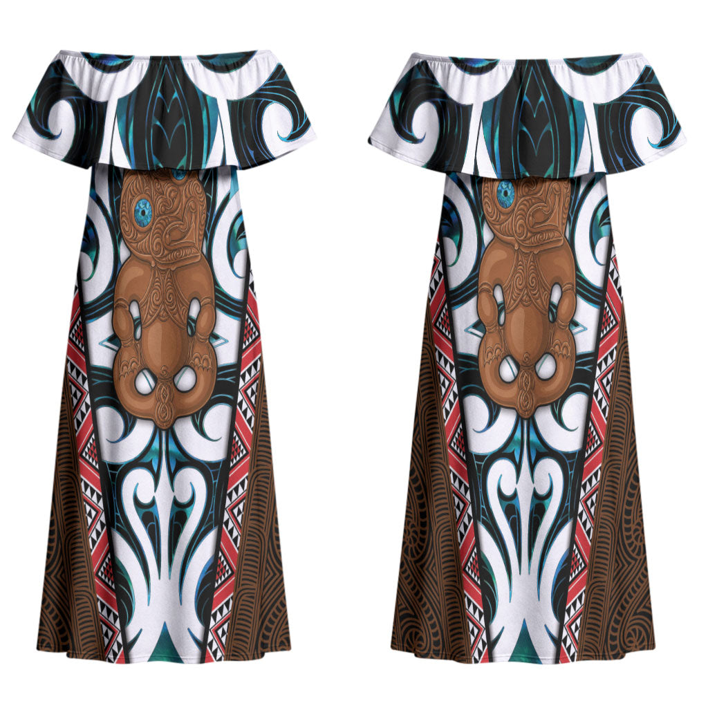 New Zealand Whakairo Family Matching Off Shoulder Maxi Dress and Hawaiian Shirt Tiki Maori Carving Taniko Motifs LT14 Mom's Dress Multicolor - Polynesian Pride
