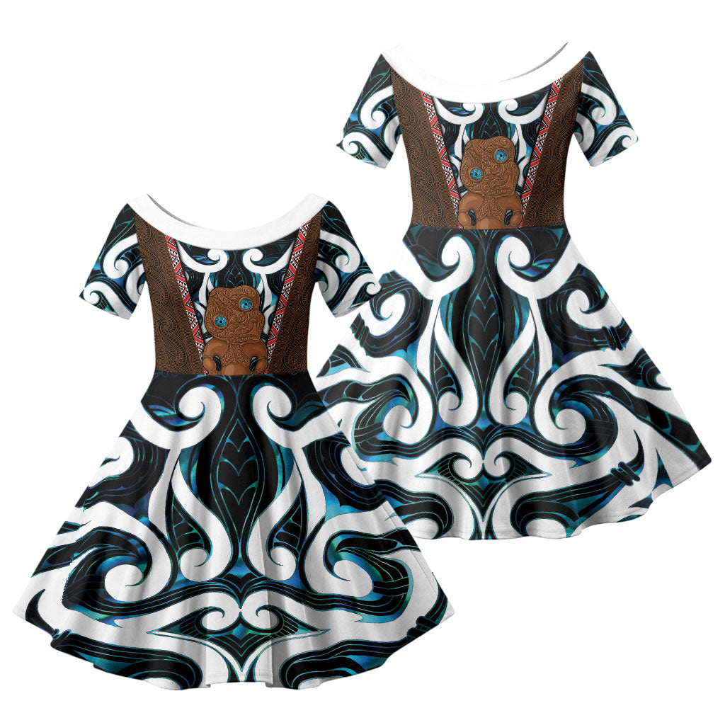 New Zealand Whakairo Family Matching Off Shoulder Maxi Dress and Hawaiian Shirt Tiki Maori Carving Taniko Motifs LT14 Daughter's Dress Multicolor - Polynesian Pride
