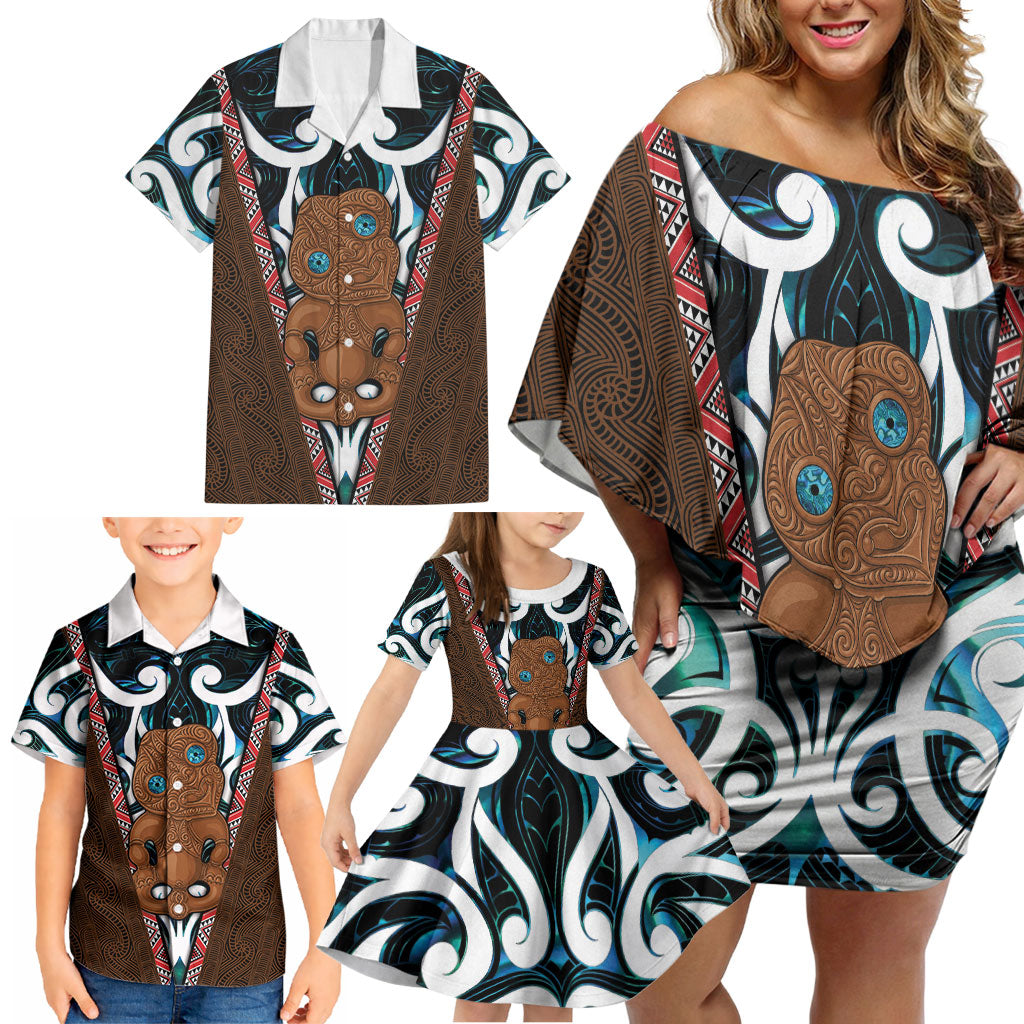New Zealand Whakairo Family Matching Off Shoulder Short Dress and Hawaiian Shirt Tiki Maori Carving Taniko Motifs LT14 - Polynesian Pride