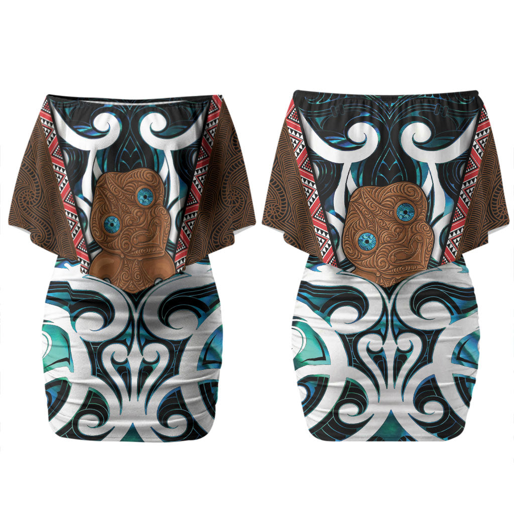 New Zealand Whakairo Family Matching Off Shoulder Short Dress and Hawaiian Shirt Tiki Maori Carving Taniko Motifs LT14 Mom's Dress Multicolor - Polynesian Pride