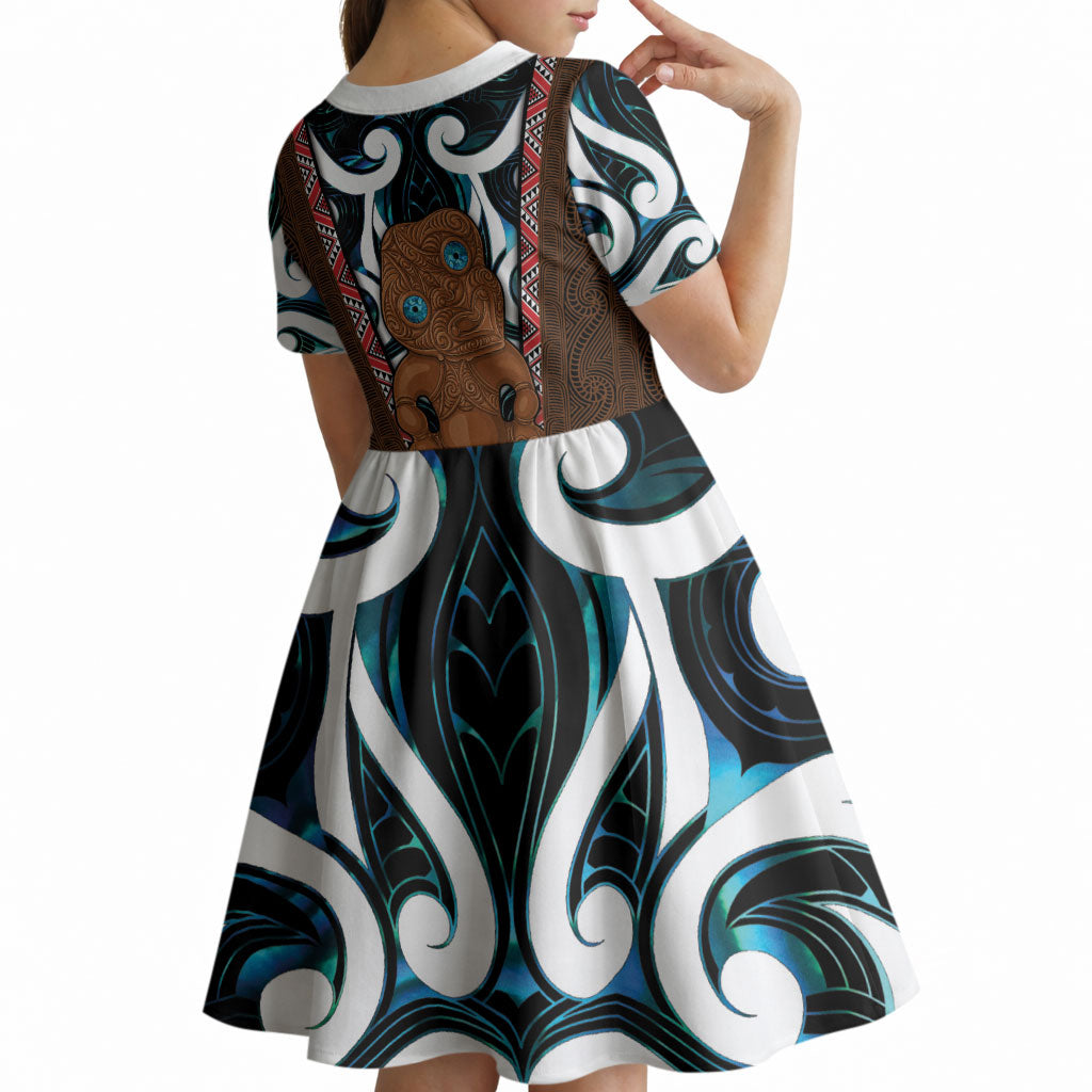 New Zealand Whakairo Kid Short Sleeve Dress Tiki Maori Carving Taniko Motifs LT14 - Polynesian Pride