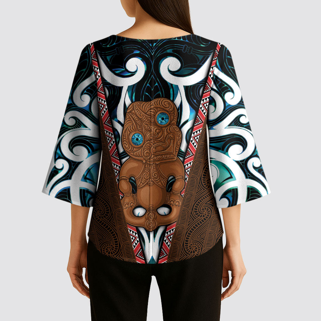 New Zealand Whakairo Kimono Sleeve Blouse Tiki Maori Carving Taniko Motifs LT14 - Polynesian Pride