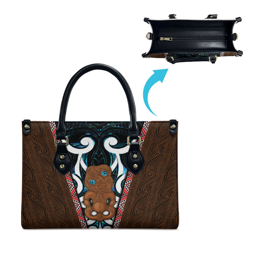 New Zealand Whakairo Leather Bag Tiki Maori Carving Taniko Motifs LT14 - Polynesian Pride