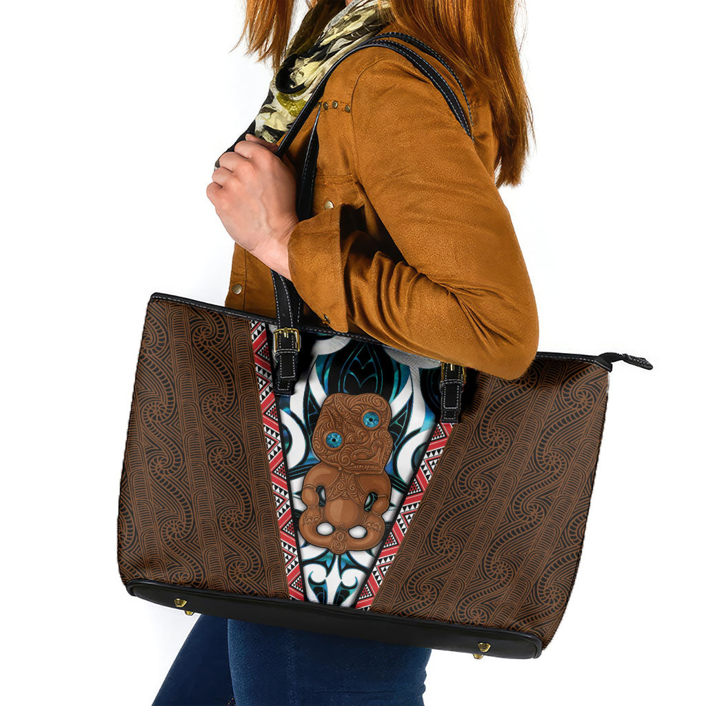 New Zealand Whakairo Leather Tote Bag Tiki Maori Carving Taniko Motifs LT14 Multicolor - Polynesian Pride