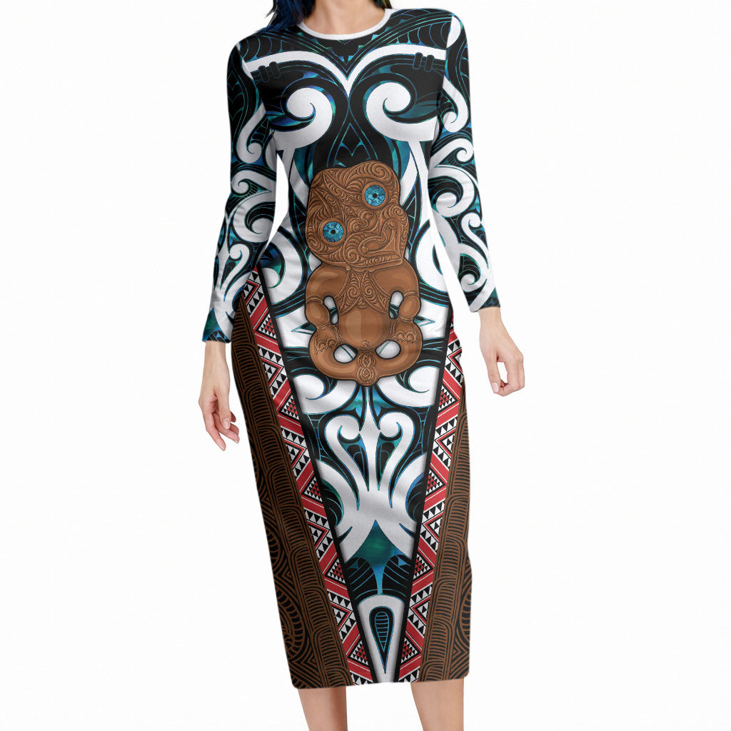 New Zealand Whakairo Long Sleeve Bodycon Dress Tiki Maori Carving Taniko Motifs LT14 Long Dress Multicolor - Polynesian Pride
