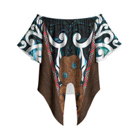 New Zealand Whakairo Off Shoulder Wrap Waist Top Tiki Maori Carving Taniko Motifs