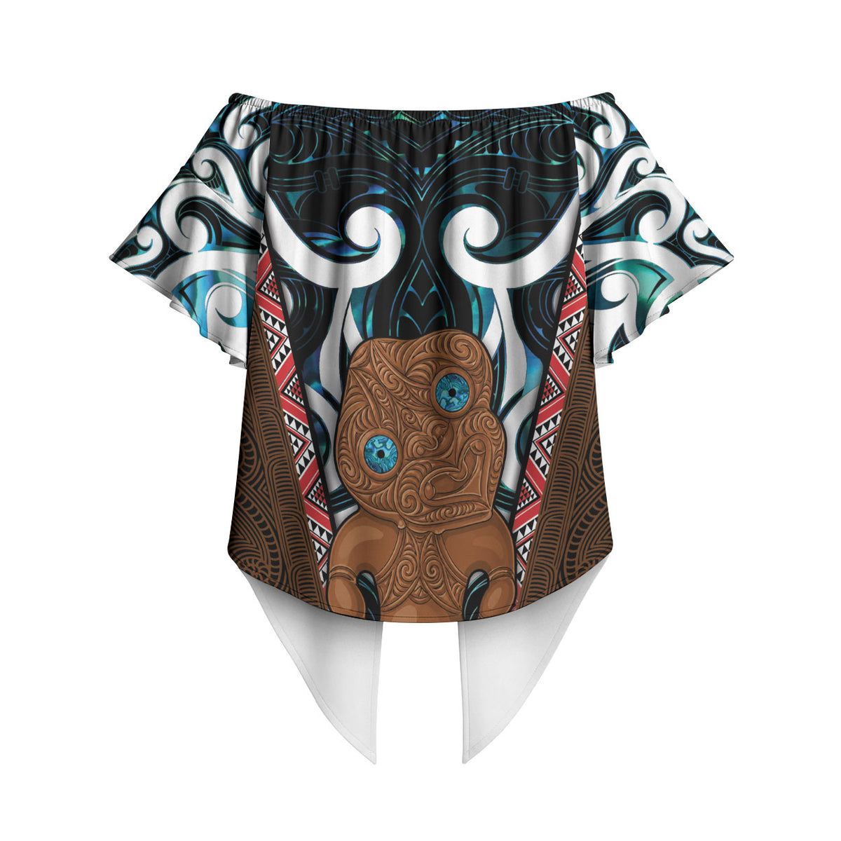 New Zealand Whakairo Off Shoulder Wrap Waist Top Tiki Maori Carving Taniko Motifs