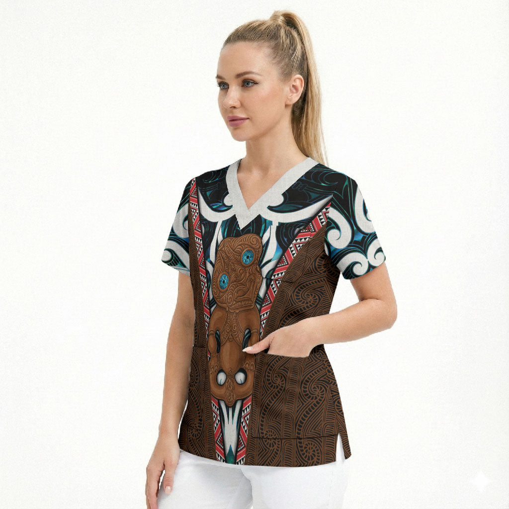 New Zealand Whakairo Scrub Top Tiki Maori Carving Taniko Motifs LT14 - Polynesian Pride