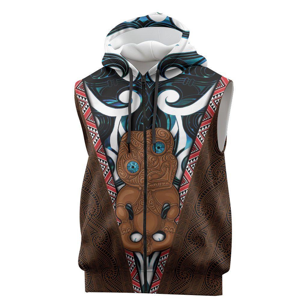 New Zealand Whakairo Sleeveless Zip Hoodie Tiki Maori Carving Taniko Motifs LT14 Multicolor - Polynesian Pride