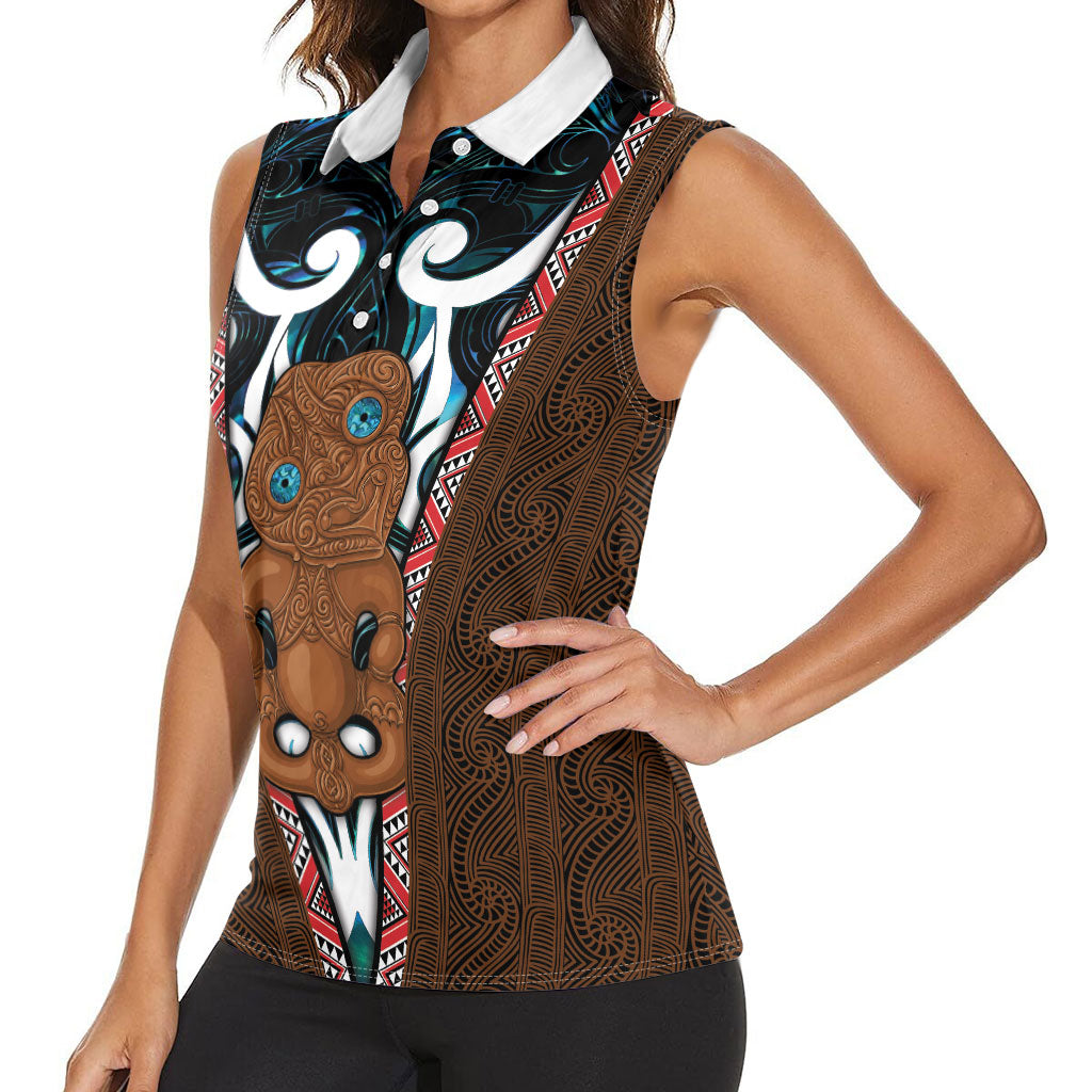 New Zealand Whakairo Women Sleeveless Polo Shirt Tiki Maori Carving Taniko Motifs LT14 - Polynesian Pride