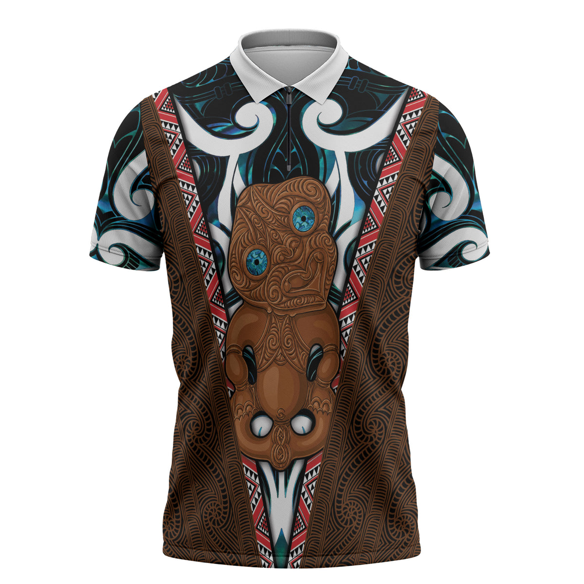 New Zealand Whakairo Zipper Polo Shirt Tiki Maori Carving Taniko Motifs LT14 Multicolor - Polynesian Pride