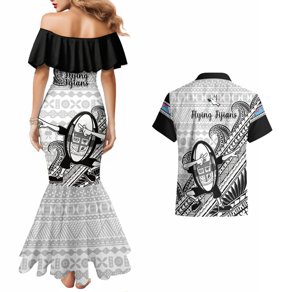 Fiji Tapa Rugby Couples Matching Mermaid Dress and Hawaiian Shirt Flying Fijian 2023 World Cup With Dabbing Ball LT14 - Polynesian Pride