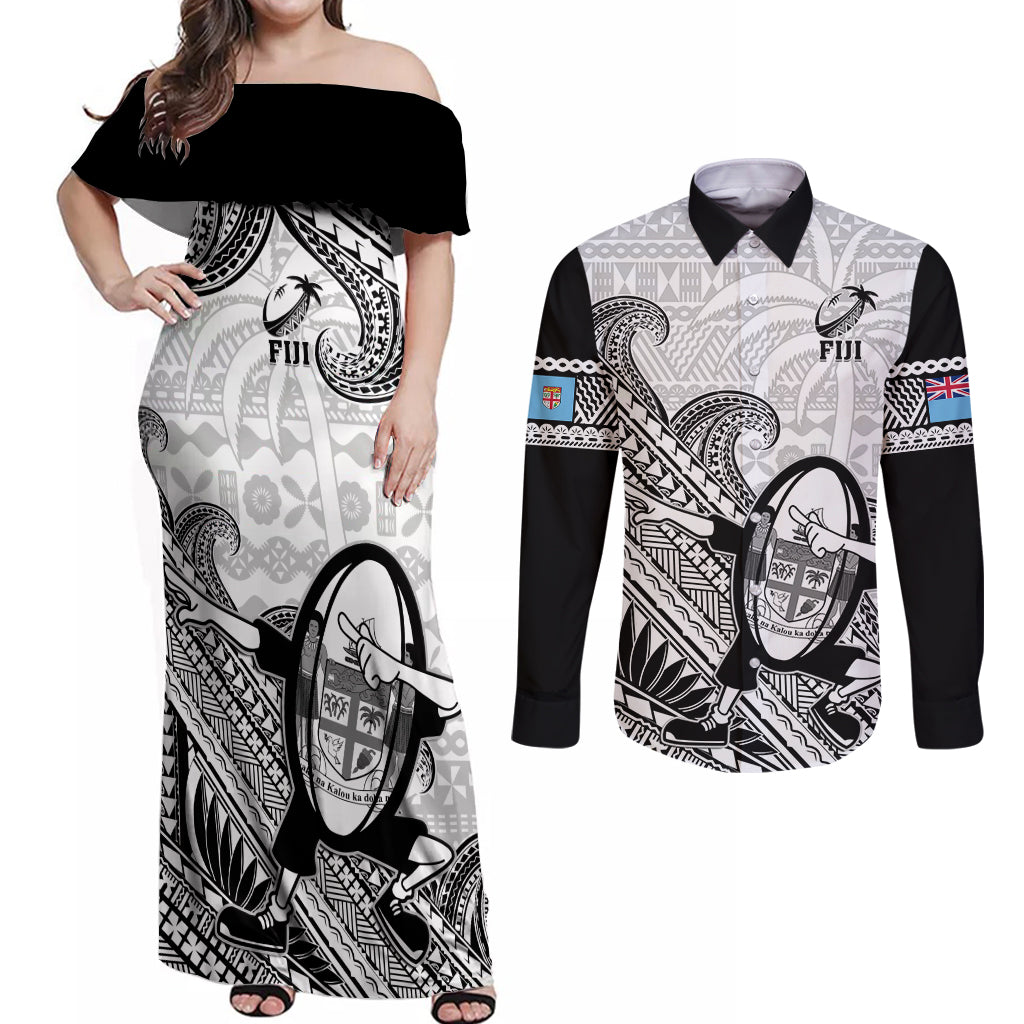 Fiji Tapa Rugby Couples Matching Off Shoulder Maxi Dress and Long Sleeve Button Shirts Flying Fijian 2023 World Cup With Dabbing Ball LT14 White - Polynesian Pride