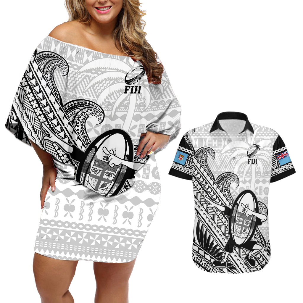 Fiji Tapa Rugby Couples Matching Off Shoulder Short Dress and Hawaiian Shirt Flying Fijian 2023 World Cup With Dabbing Ball LT14 White - Polynesian Pride