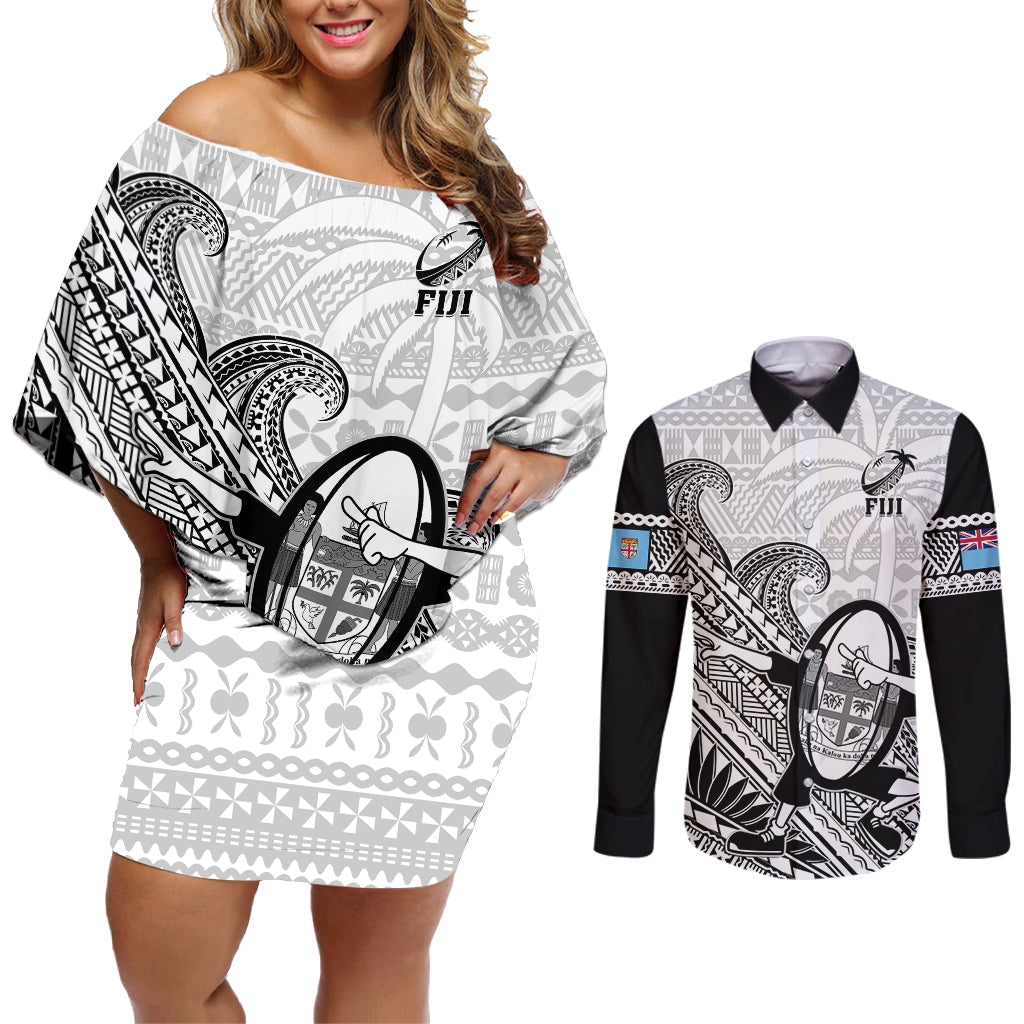 Fiji Tapa Rugby Couples Matching Off Shoulder Short Dress and Long Sleeve Button Shirts Flying Fijian 2023 World Cup With Dabbing Ball LT14 White - Polynesian Pride