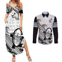 Fiji Tapa Rugby Couples Matching Summer Maxi Dress and Long Sleeve Button Shirts Flying Fijian 2023 World Cup With Dabbing Ball LT14 White - Polynesian Pride