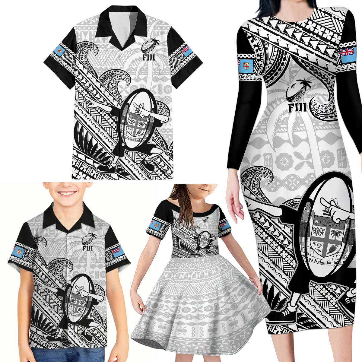 Fiji Tapa Rugby Family Matching Long Sleeve Bodycon Dress and Hawaiian Shirt Flying Fijian 2023 World Cup With Dabbing Ball LT14 - Polynesian Pride