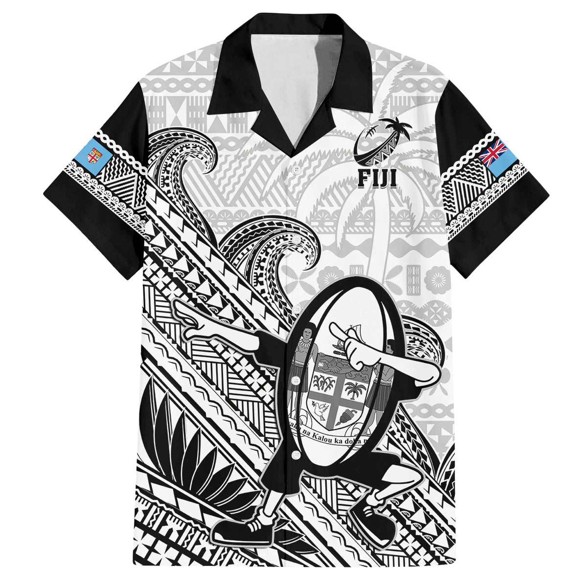 Fiji Tapa Rugby Family Matching Off Shoulder Short Dress and Hawaiian Shirt Flying Fijian 2023 World Cup With Dabbing Ball LT14 Dad's Shirt - Short Sleeve White - Polynesian Pride