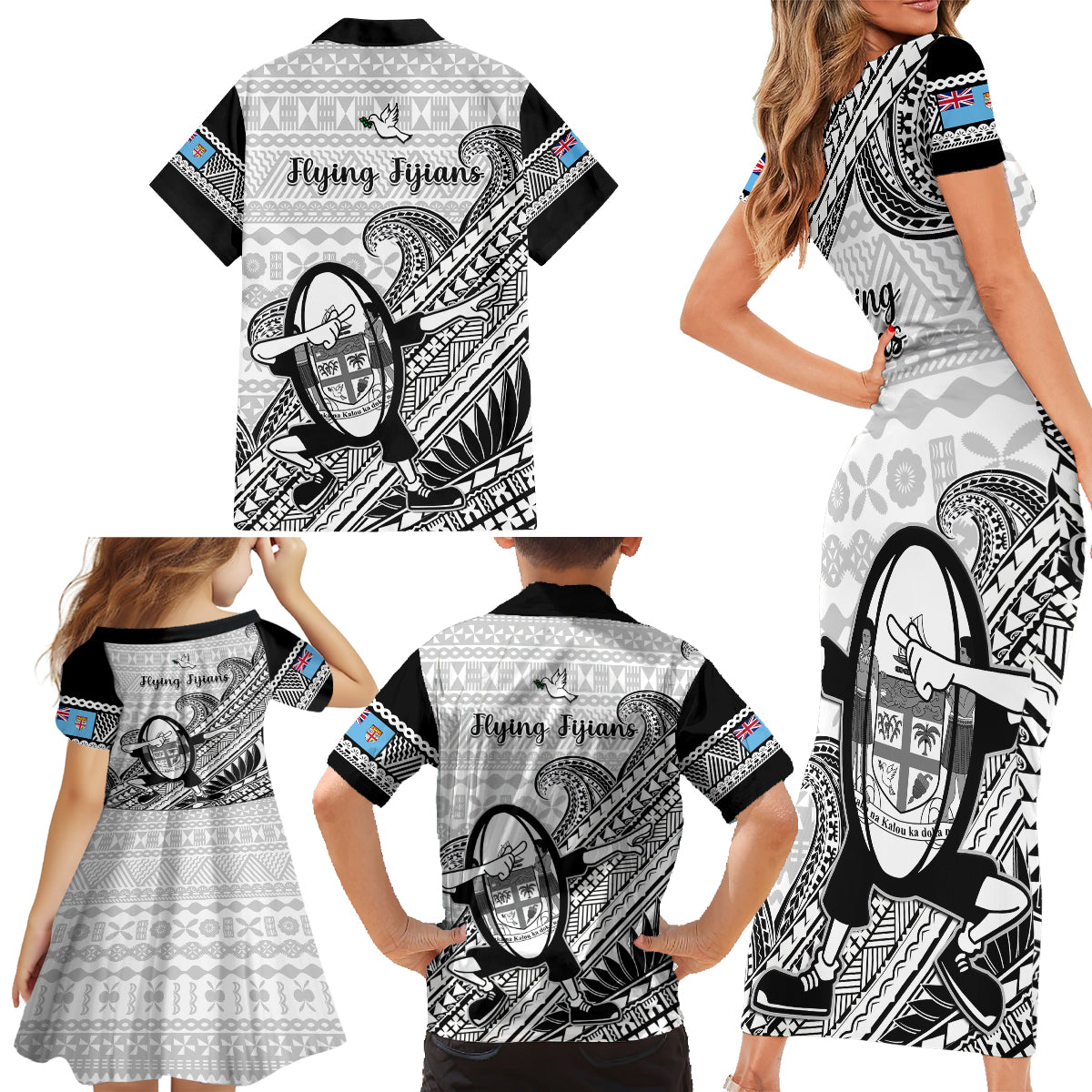 Fiji Tapa Rugby Family Matching Short Sleeve Bodycon Dress and Hawaiian Shirt Flying Fijian 2023 World Cup With Dabbing Ball LT14 - Polynesian Pride