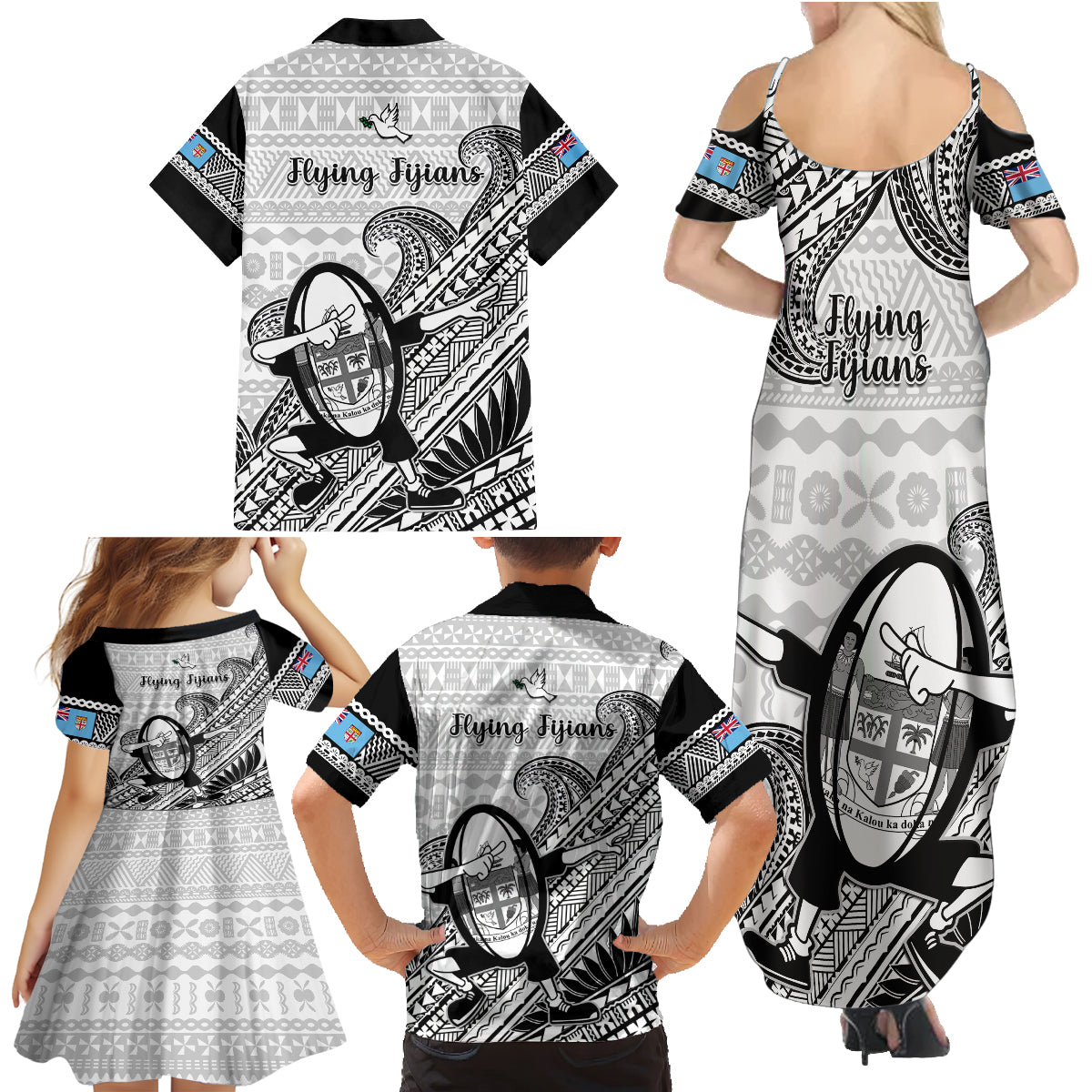Fiji Tapa Rugby Family Matching Summer Maxi Dress and Hawaiian Shirt Flying Fijian 2023 World Cup With Dabbing Ball LT14 - Polynesian Pride