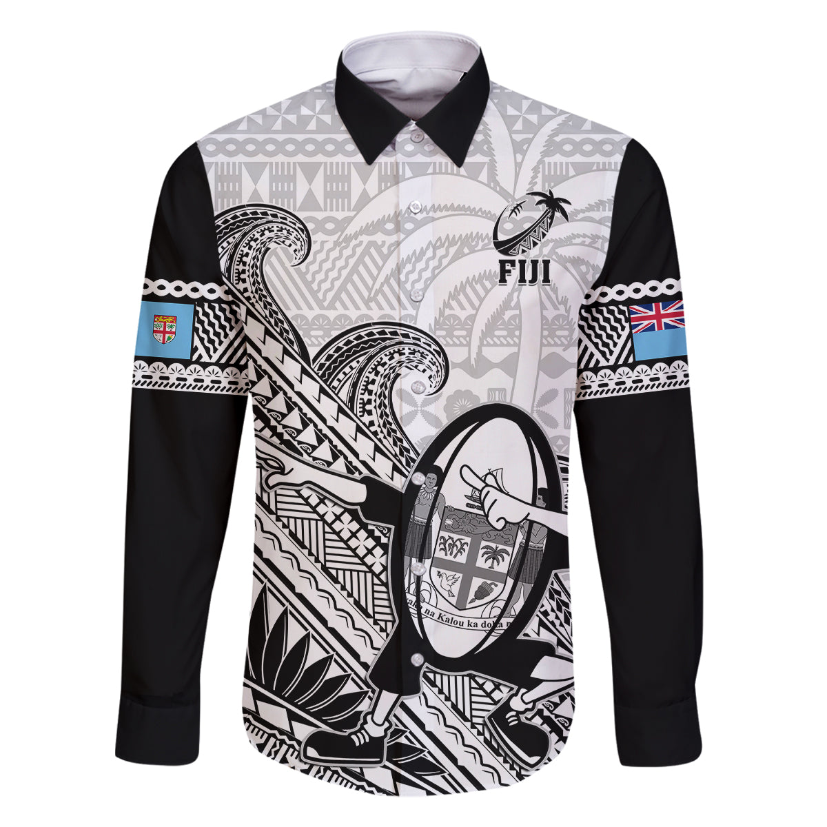 Fiji Tapa Rugby Family Matching Tank Maxi Dress and Hawaiian Shirt Flying Fijian 2023 World Cup With Dabbing Ball LT14 Dad's Shirt - Long Sleeve White - Polynesian Pride