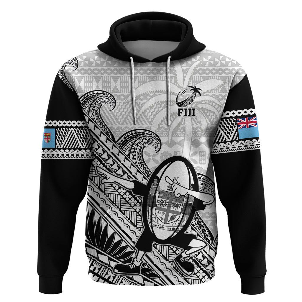 Fiji Tapa Rugby Hoodie Flying Fijian 2023 World Cup With Dabbing Ball LT14 Pullover Hoodie White - Polynesian Pride