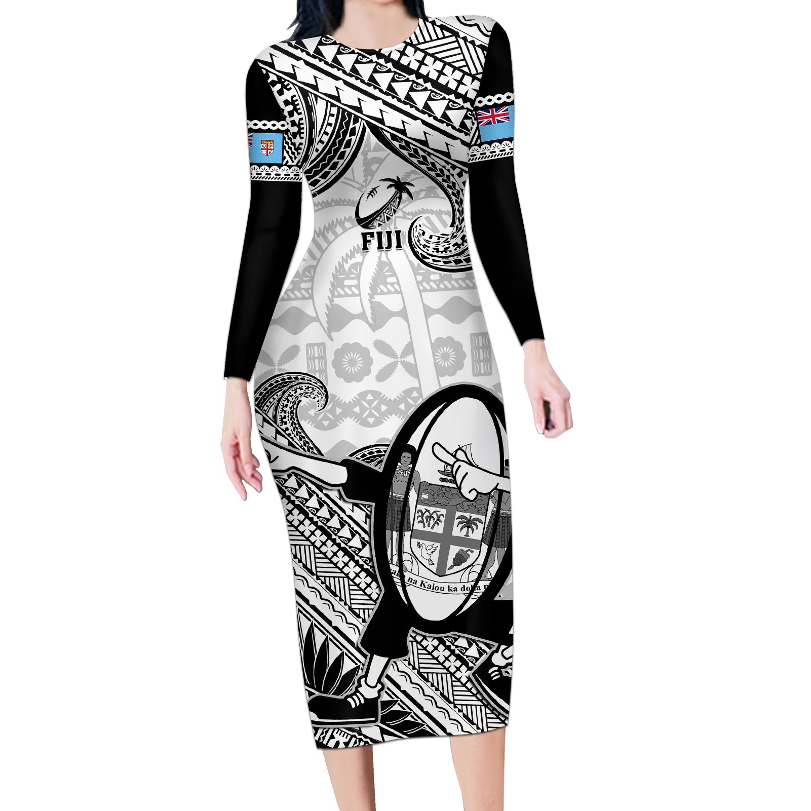 Fiji Tapa Rugby Long Sleeve Bodycon Dress Flying Fijian 2023 World Cup With Dabbing Ball LT14 Long Dress White - Polynesian Pride