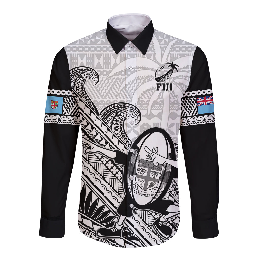 Fiji Tapa Rugby Long Sleeve Button Shirt Flying Fijian 2023 World Cup With Dabbing Ball LT14 Unisex White - Polynesian Pride