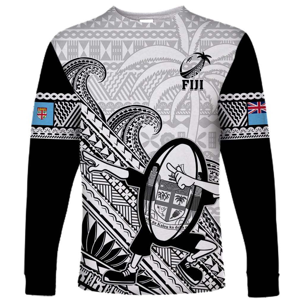 Fiji Tapa Rugby Long Sleeve Shirt Flying Fijian 2023 World Cup With Dabbing Ball LT14 Unisex White - Polynesian Pride