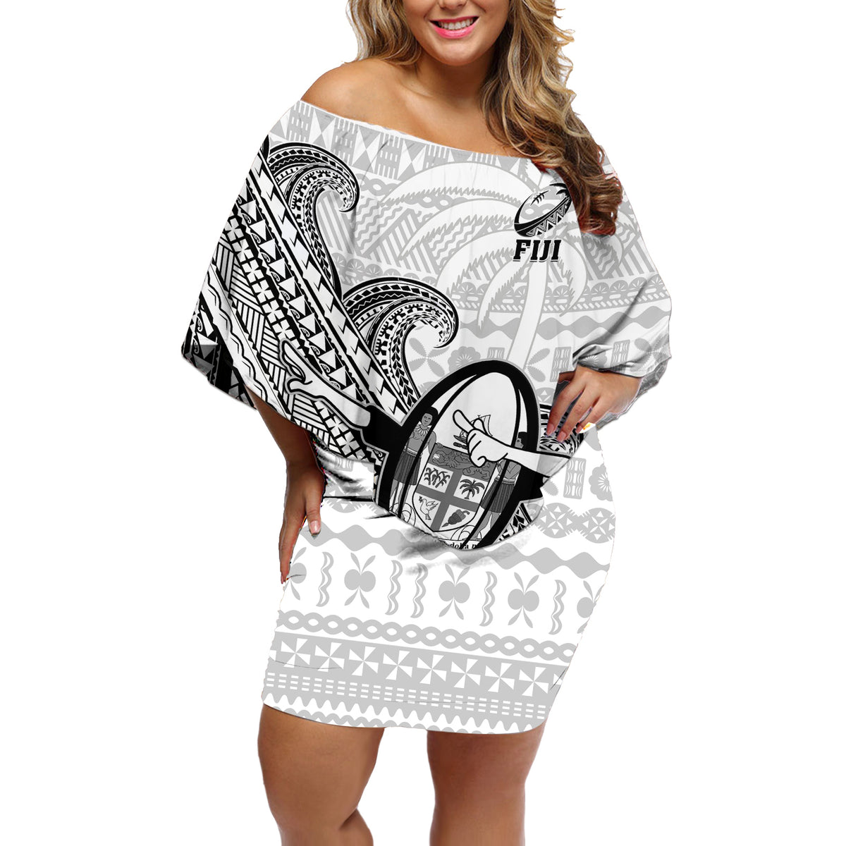 Fiji Tapa Rugby Off Shoulder Short Dress Flying Fijian 2023 World Cup With Dabbing Ball LT14 Women White - Polynesian Pride