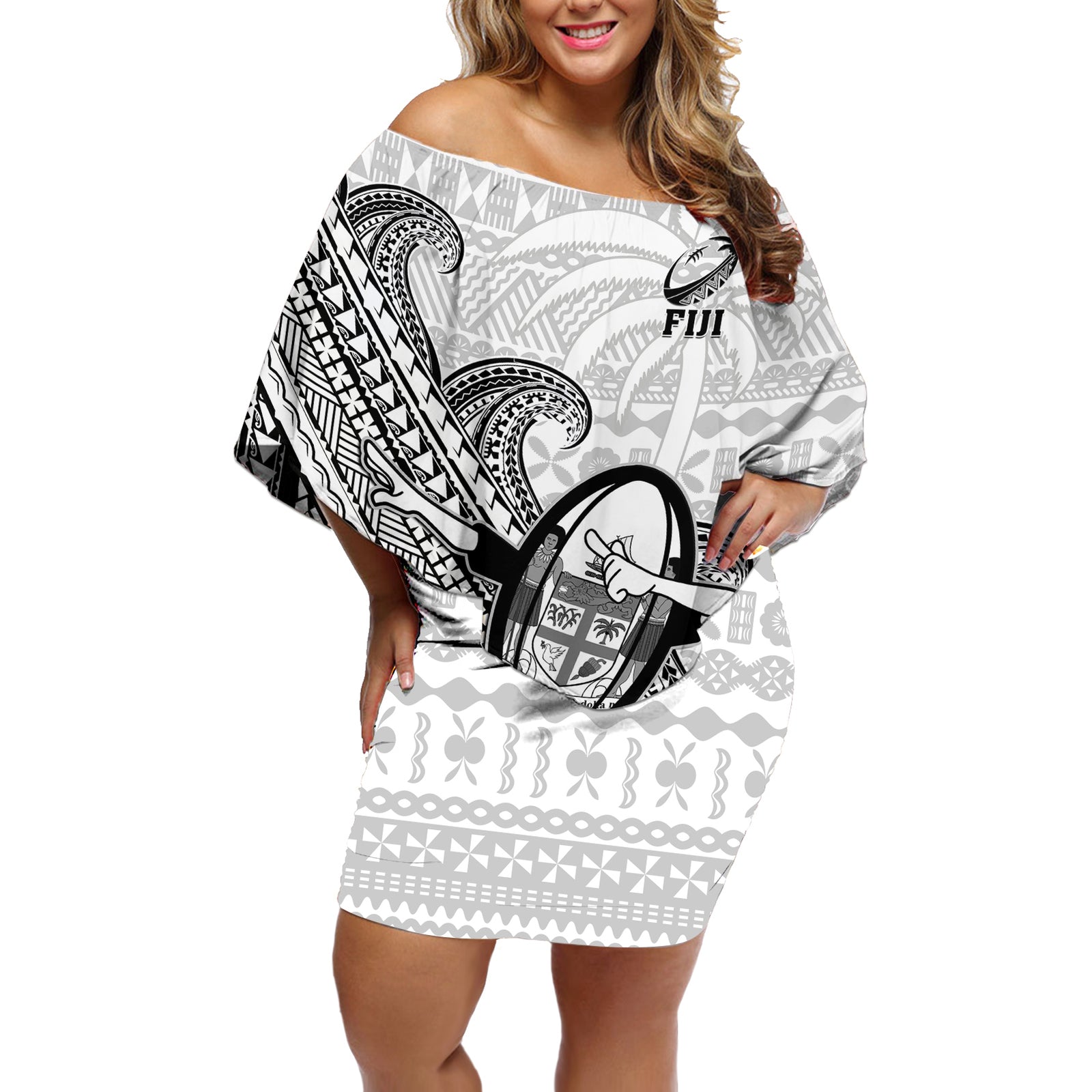 Fiji Tapa Rugby Off Shoulder Short Dress Flying Fijian 2023 World Cup With Dabbing Ball LT14 Women White - Polynesian Pride