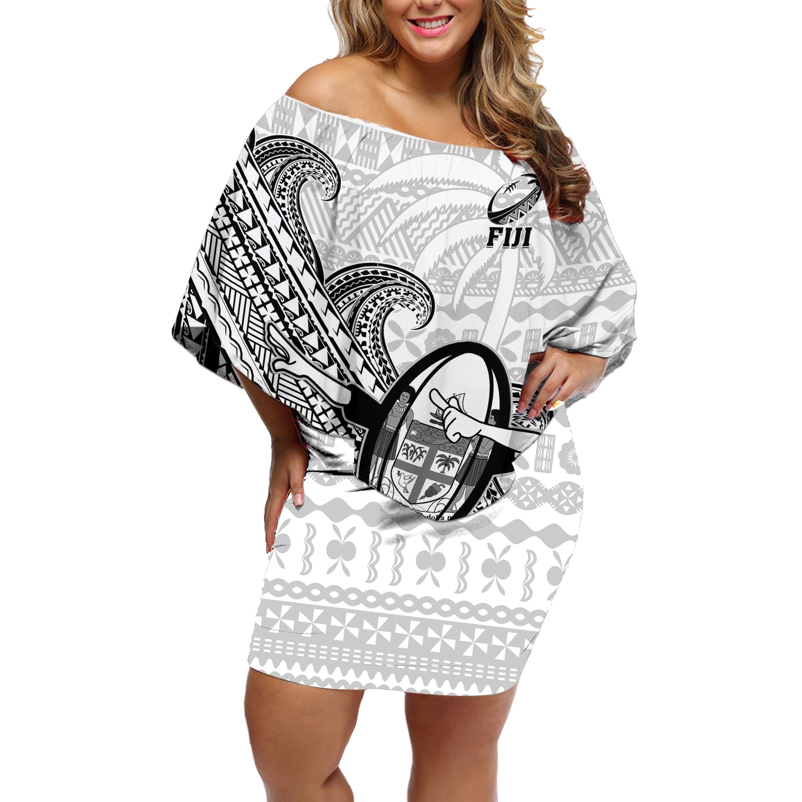 Fiji Tapa Rugby Off Shoulder Short Dress Flying Fijian 2023 World Cup With Dabbing Ball LT14 Women White - Polynesian Pride