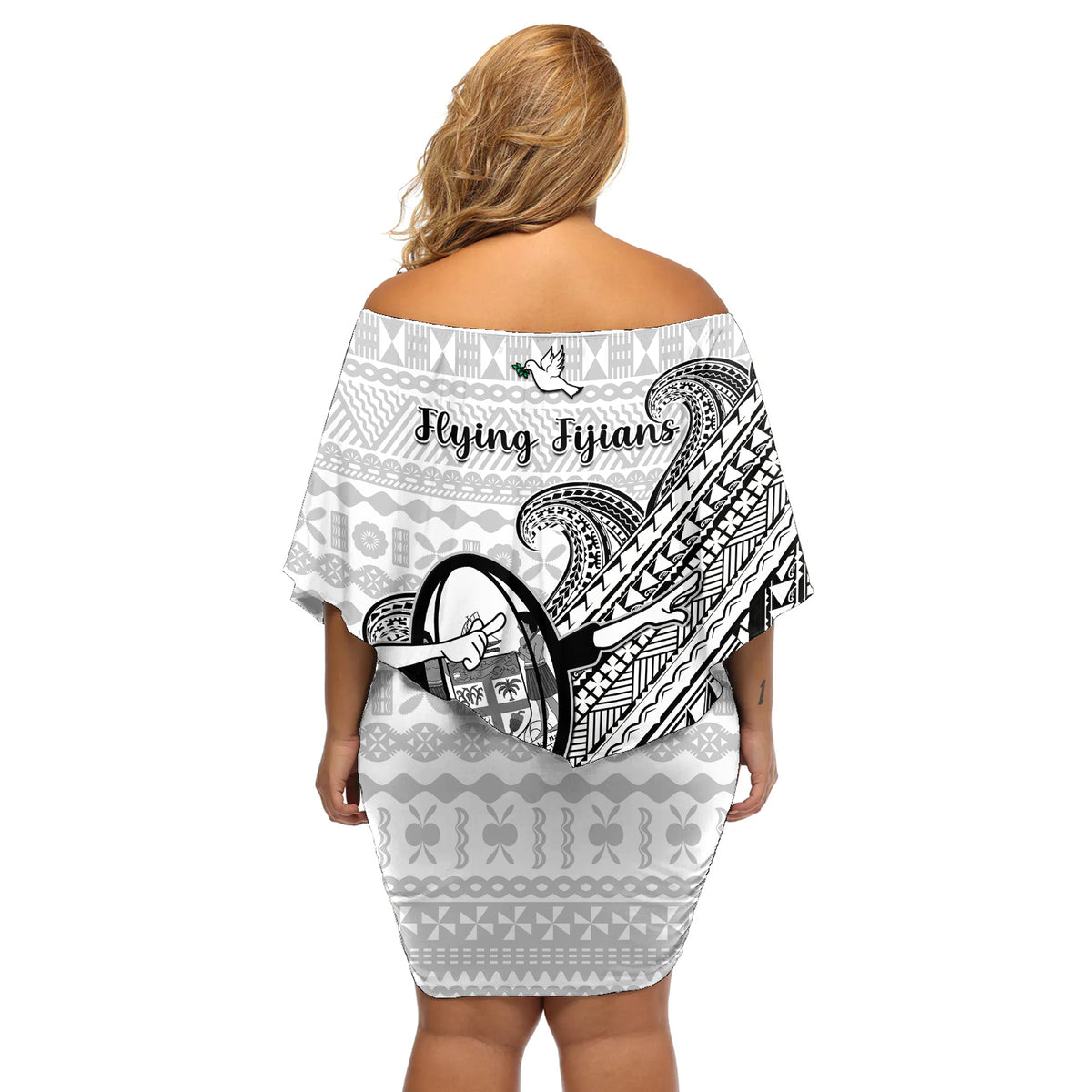Fiji Tapa Rugby Off Shoulder Short Dress Flying Fijian 2023 World Cup With Dabbing Ball LT14 - Polynesian Pride
