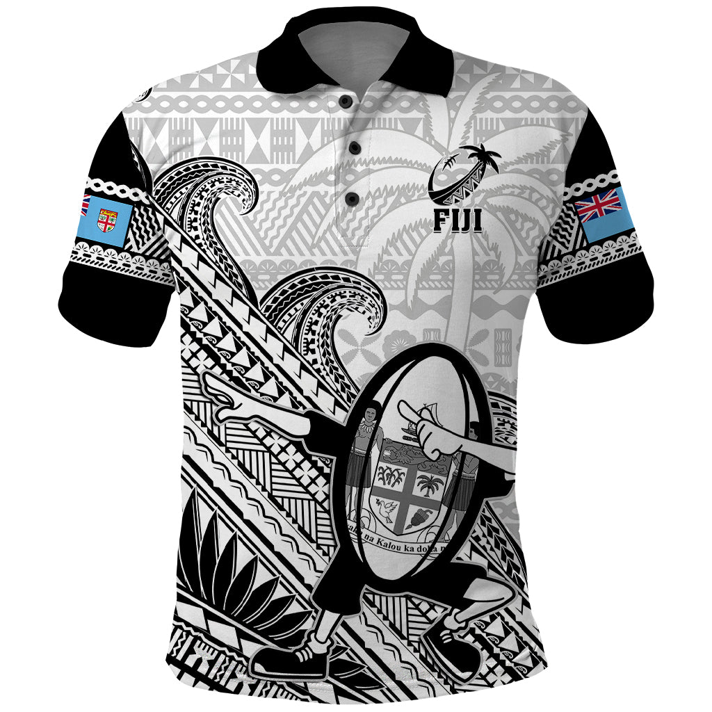 Fiji Tapa Rugby Polo Shirt Flying Fijian 2023 World Cup With Dabbing Ball LT14 White - Polynesian Pride