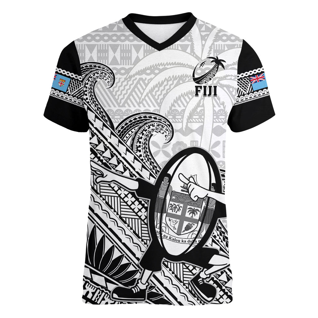 Fiji Tapa Rugby Women V Neck T Shirt Flying Fijian 2023 World Cup With Dabbing Ball LT14 Female White - Polynesian Pride