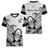 Fiji Tapa Rugby Women V Neck T Shirt Flying Fijian 2023 World Cup With Dabbing Ball LT14 - Polynesian Pride