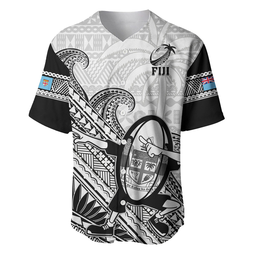 Custom Fiji Tapa Rugby Baseball Jersey Flying Fijian 2023 World Cup With Dabbing Ball LT14 White - Polynesian Pride