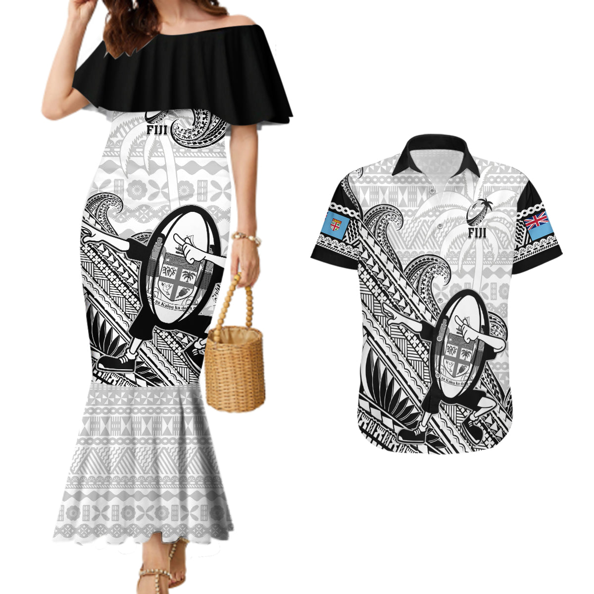 Custom Fiji Tapa Rugby Couples Matching Mermaid Dress and Hawaiian Shirt Flying Fijian 2023 World Cup With Dabbing Ball LT14 White - Polynesian Pride