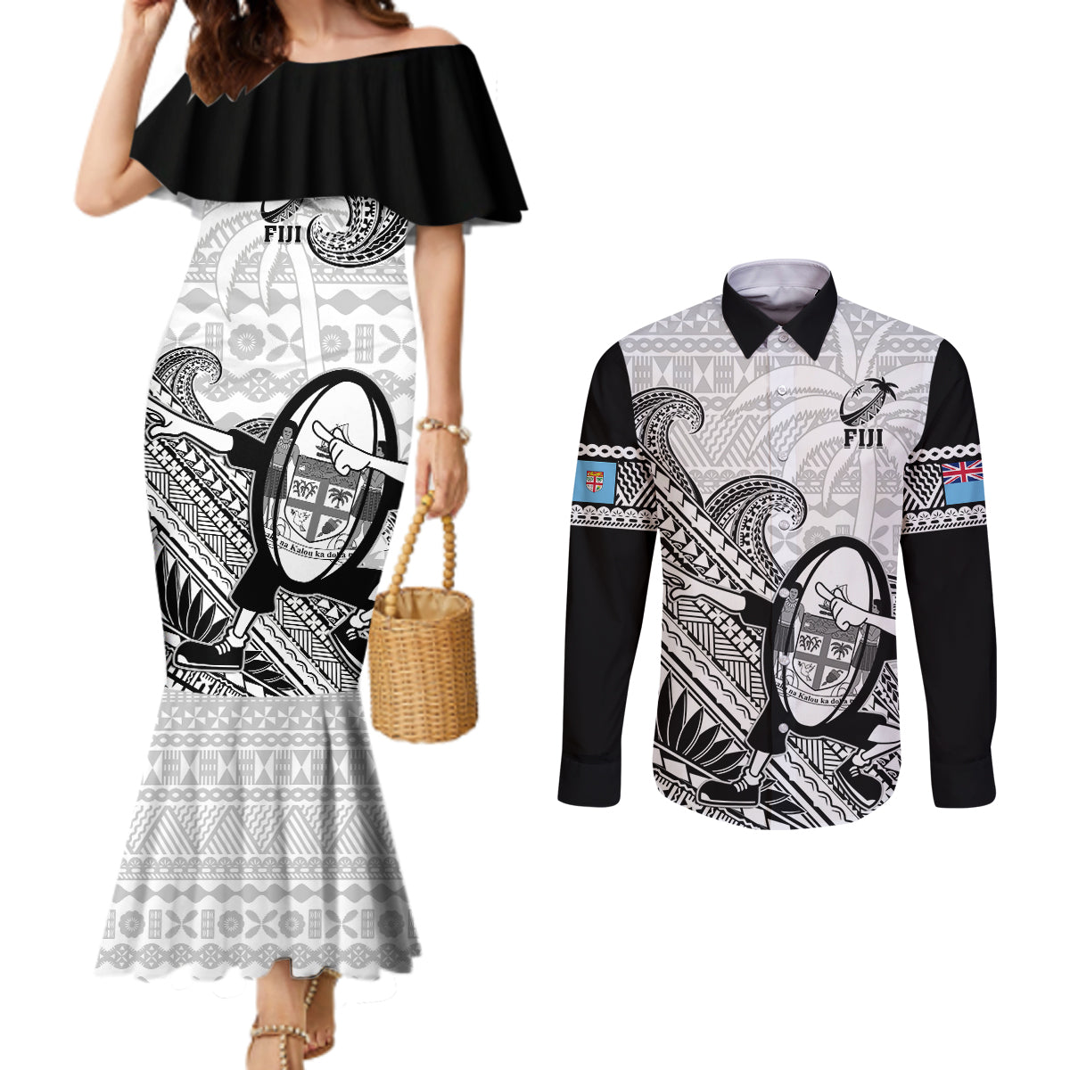 Custom Fiji Tapa Rugby Couples Matching Mermaid Dress and Long Sleeve Button Shirts Flying Fijian 2023 World Cup With Dabbing Ball LT14 White - Polynesian Pride