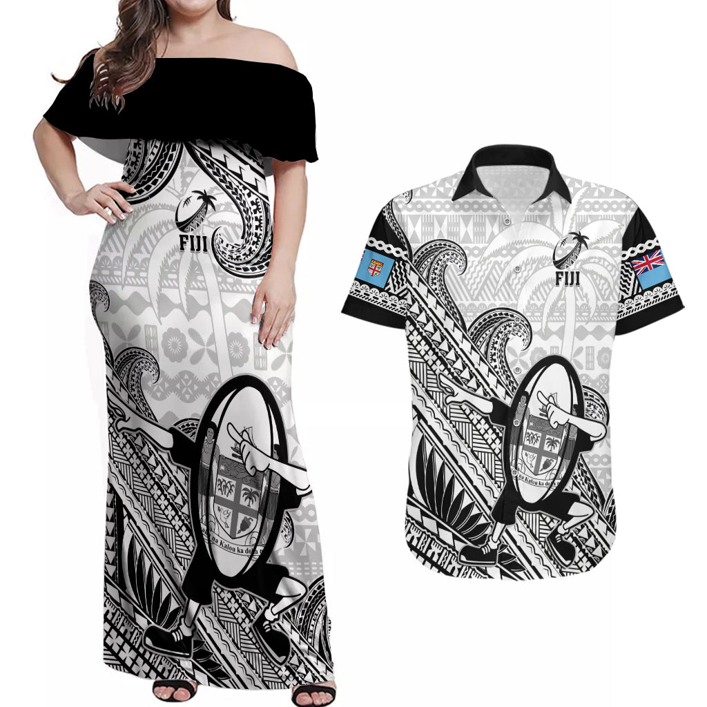 Custom Fiji Tapa Rugby Couples Matching Off Shoulder Maxi Dress and Hawaiian Shirt Flying Fijian 2023 World Cup With Dabbing Ball LT14 White - Polynesian Pride