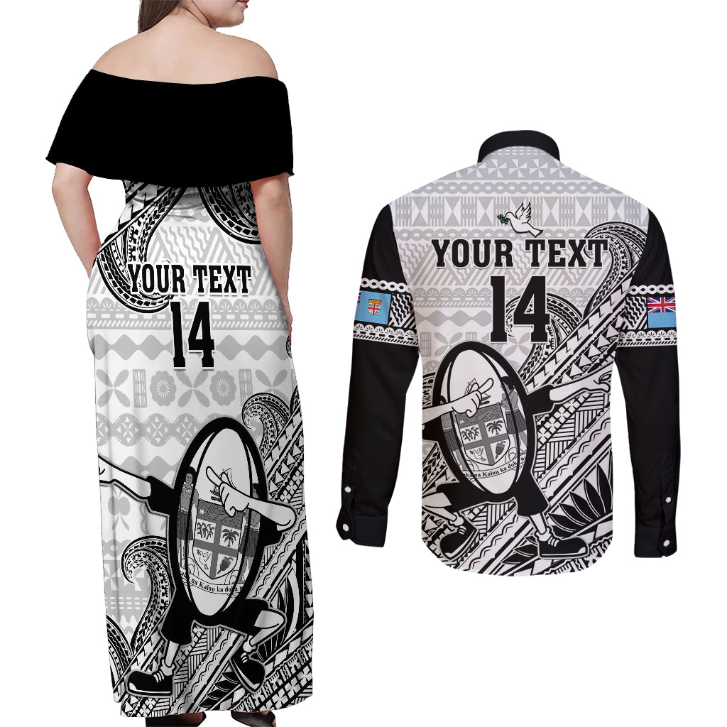Custom Fiji Tapa Rugby Couples Matching Off Shoulder Maxi Dress and Long Sleeve Button Shirts Flying Fijian 2023 World Cup With Dabbing Ball LT14 - Polynesian Pride