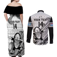 Custom Fiji Tapa Rugby Couples Matching Off Shoulder Maxi Dress and Long Sleeve Button Shirts Flying Fijian 2023 World Cup With Dabbing Ball LT14 - Polynesian Pride