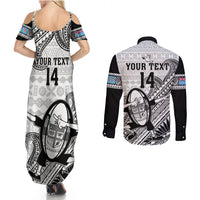 Custom Fiji Tapa Rugby Couples Matching Summer Maxi Dress and Long Sleeve Button Shirts Flying Fijian 2023 World Cup With Dabbing Ball LT14 - Polynesian Pride