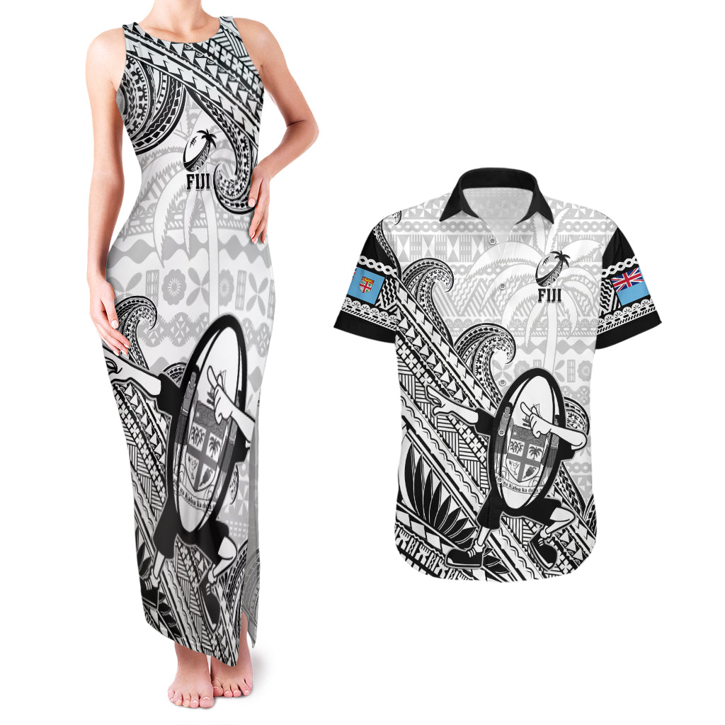 Custom Fiji Tapa Rugby Couples Matching Tank Maxi Dress and Hawaiian Shirt Flying Fijian 2023 World Cup With Dabbing Ball LT14 White - Polynesian Pride