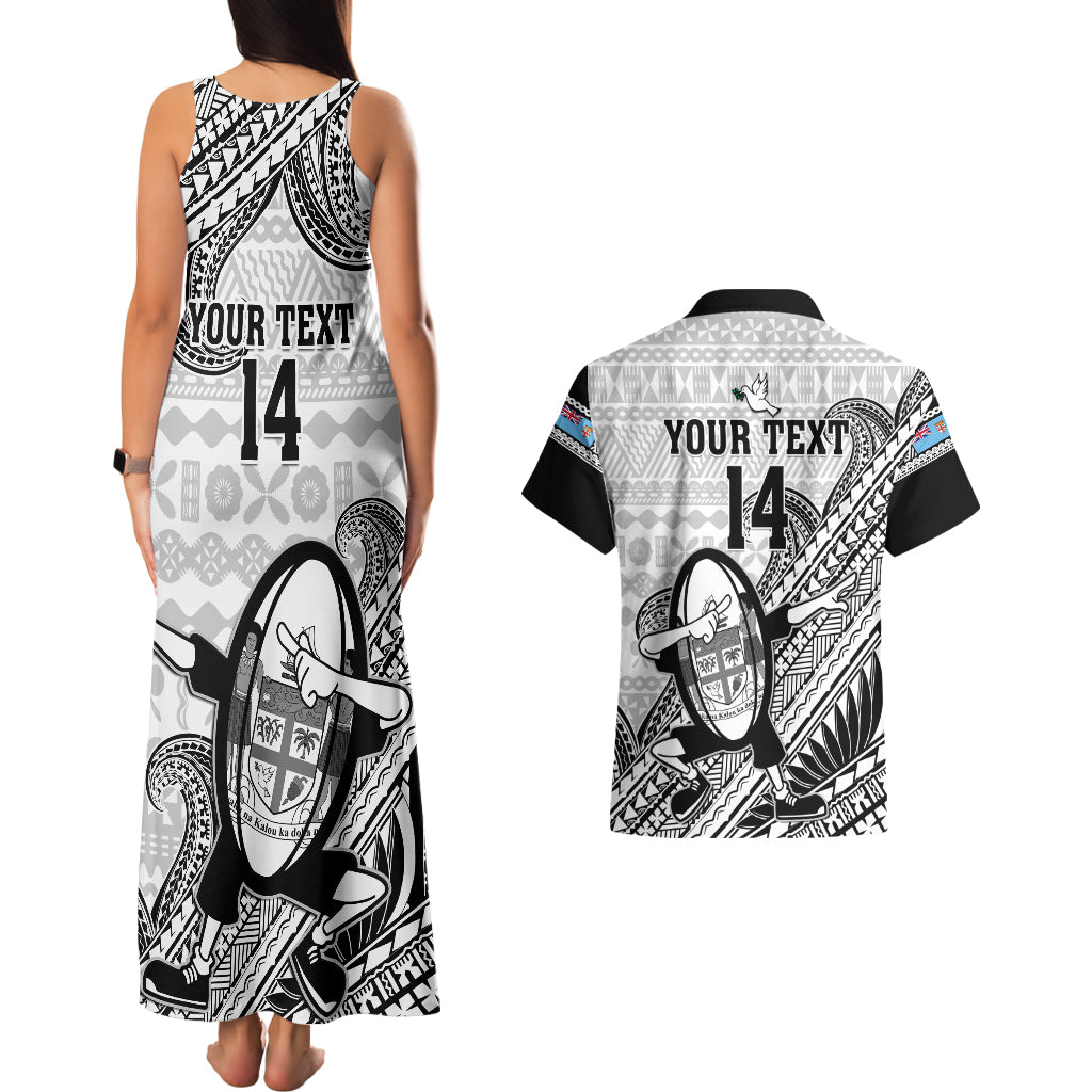 Custom Fiji Tapa Rugby Couples Matching Tank Maxi Dress and Hawaiian Shirt Flying Fijian 2023 World Cup With Dabbing Ball LT14 - Polynesian Pride