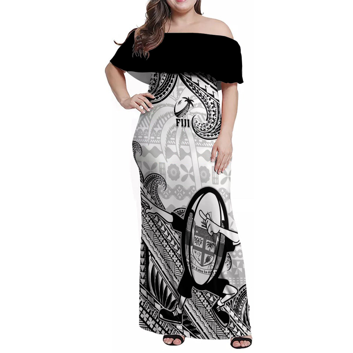 Custom Fiji Tapa Rugby Family Matching Off Shoulder Maxi Dress and Hawaiian Shirt Flying Fijian 2023 World Cup With Dabbing Ball LT14 Mom's Dress White - Polynesian Pride