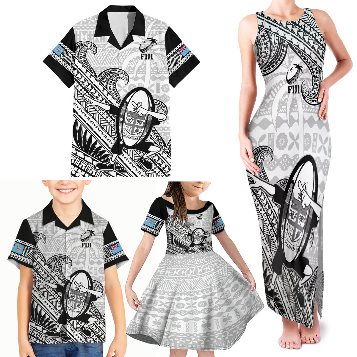 Custom Fiji Tapa Rugby Family Matching Tank Maxi Dress and Hawaiian Shirt Flying Fijian 2023 World Cup With Dabbing Ball LT14 - Polynesian Pride